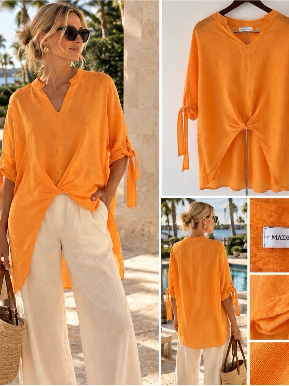 100% Linen Made in Italy Orange Lagenlook Oversized Top L Luxury - Picture 9 of 9